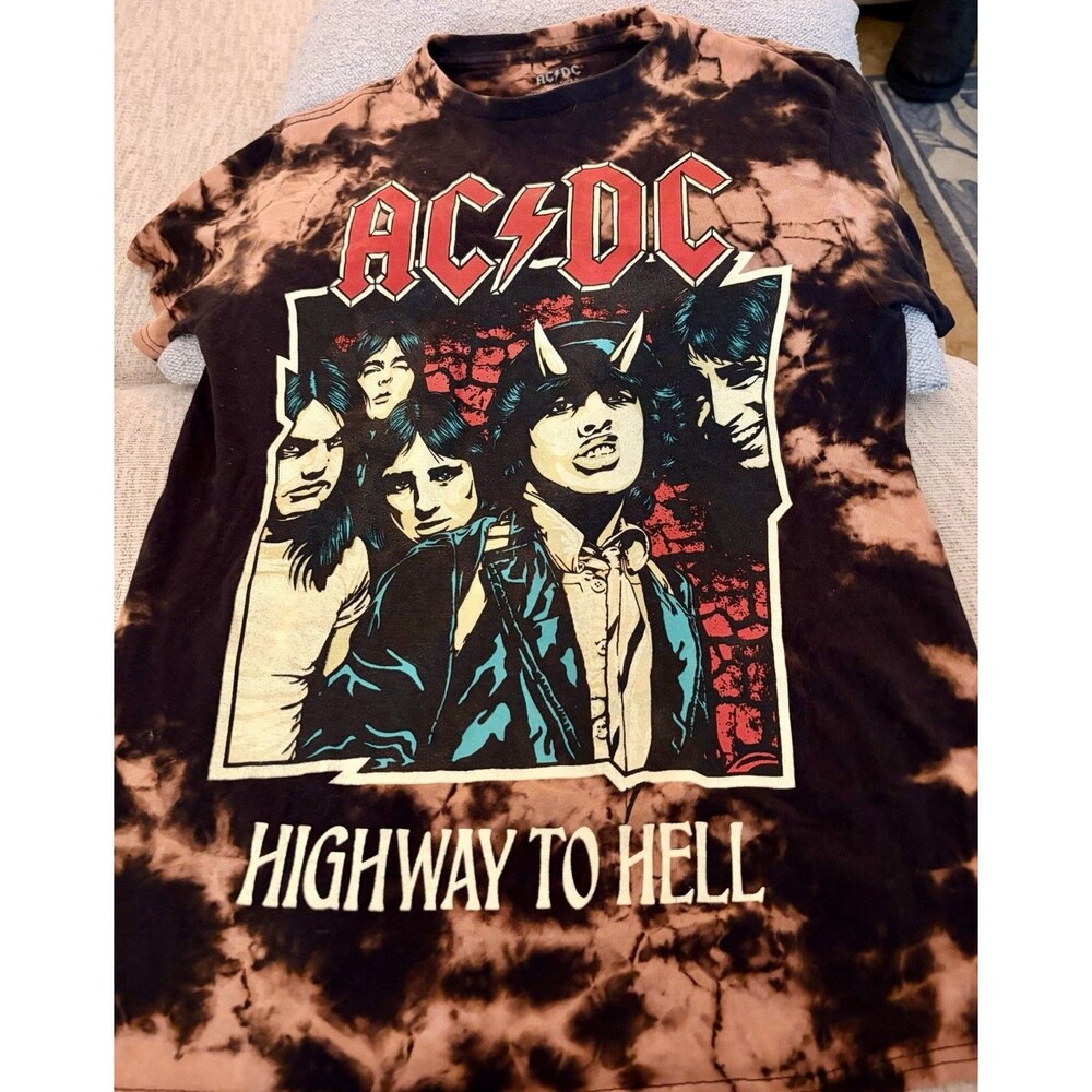 ACDC AC/DC Highway To Hell T Shirt Adult S Tie Dye Metal Rock Black Bleach Wash
